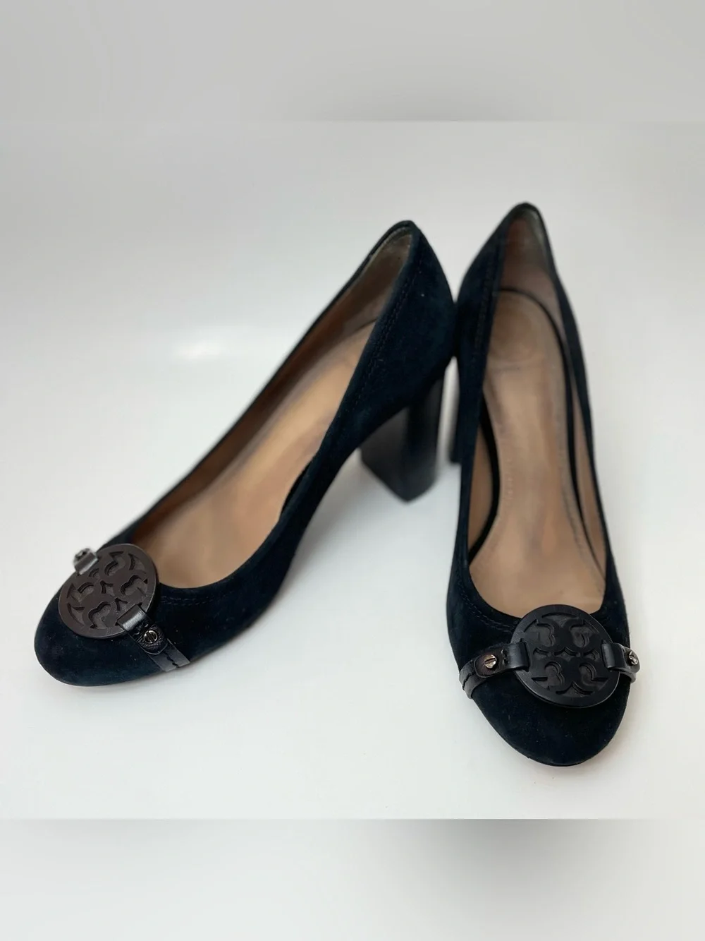 Tory Burch Mini Miller Black Suede Block-Heel Pumps with Medallion Accent